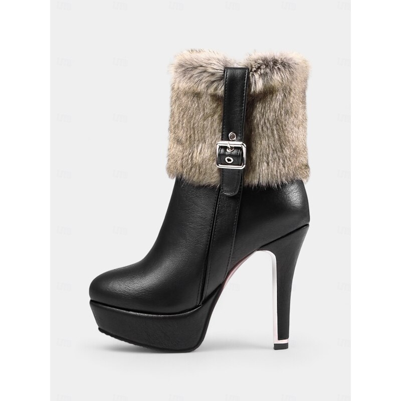 Women's Red High Heel Fur Trim Christmas Boots with Platform and Buckle Detail – Festive Winter Holiday Shoes4