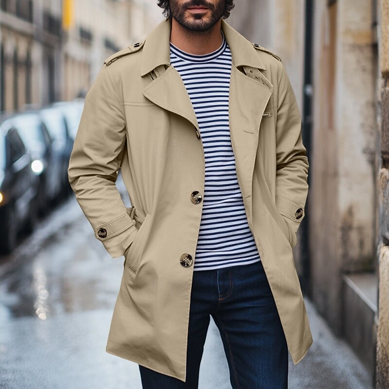 Men's Trench Coat Carnival Outdoor Spring Fall Winter Cotton Outerwear Clothing Apparel Elegant Vintage non-printing Solid Color Pocket Fold-over Collar