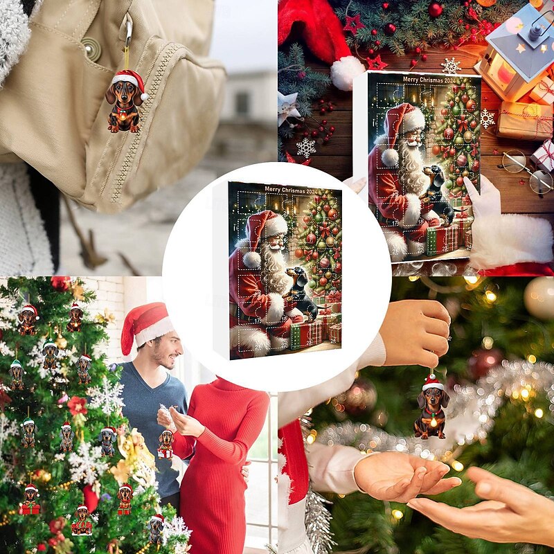Christmas Advent Calendar Ornaments,2D Acrylic Cute Dog 24pcs Christmas Ornament Kit Gift 24 Days Countdown Mini Hanging Tree Xmas Ornaments for Christmas Party Decorations4