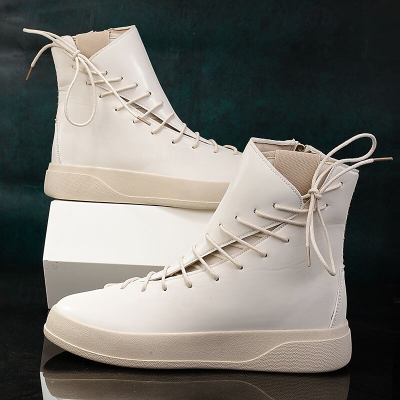 Men's Red Faux Leather High-Top Boots with Side Zipper and Lace-Up Design – Stylish Casual Footwear for Fall and Winter 14