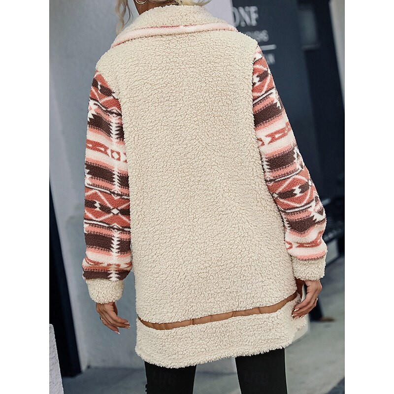 Women's Fleece Jacket Teddy Coat Hoodie Jacket Warm Breathable Zipper Pocket Fleece Lined Vintage Casual Geometric Vacation Street Daily Wear Going out Zipper Long Turndown Regular Fit Long Sleeve4