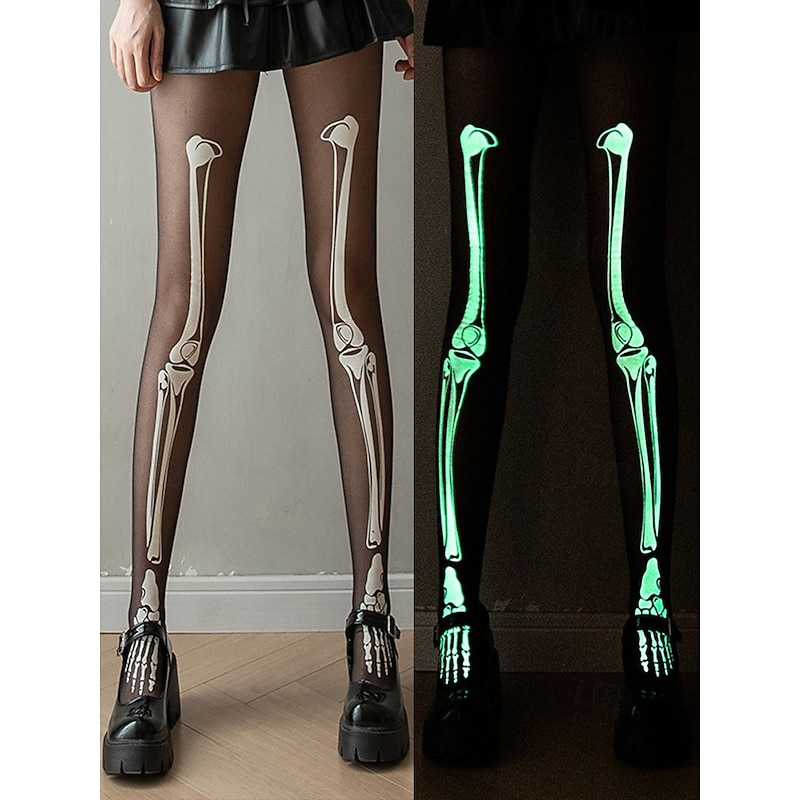 Glow-in-the-Dark Skeleton Tights – Women's Halloween Costume Stockings with Bone Print for Parties and Cosplay