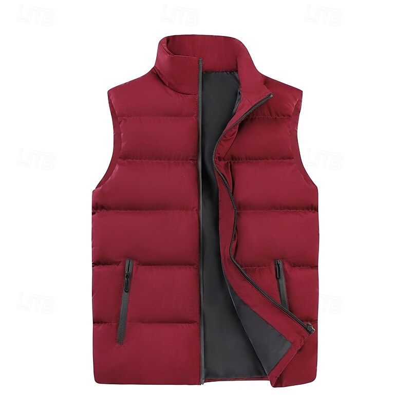 Men's Puffer Vest Daily Casual Fall & Winter Zipper Pocket Polyester Comfortable Plain Zipper Stand Collar Regular Fit Black Burgundy Khaki Dark Blue Vest4