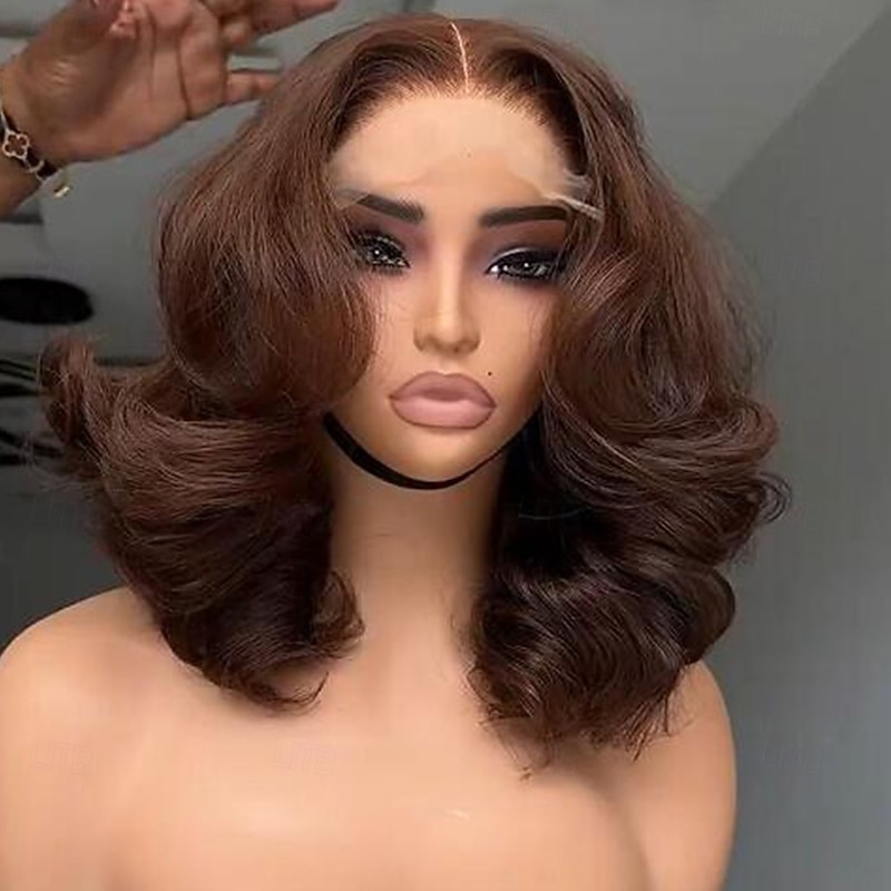 Remy Human Hair 13x4 Lace Front Wig Short Bob Brazilian Hair Wavy Brown Wig 130% 150% Density Glueless Pre-Plucked For Women Short Human Hair Lace Wig