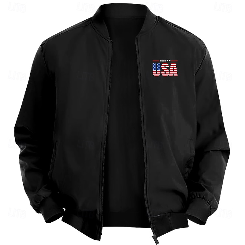 Men's American US Flag USA Bomber Jacket Coat Casual Sports Outdoor Daily Wear Side Pockets Zip Front Graphic Fall Winter Standing Collar Long Sleeve Black Red Army Green