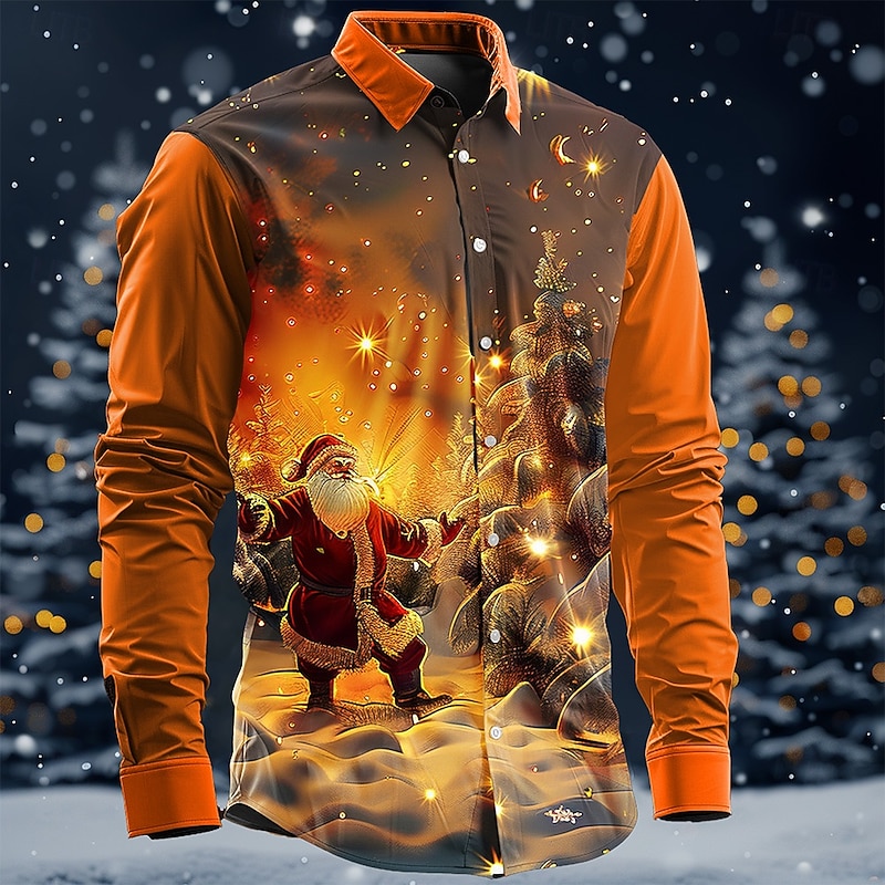 Christmas Men's Santa Claus Printed Shirts Santa Claus Casual Button Up Long Sleeve Party Evening Daily Fall Winter Spring & Summer Collar Button Up 3D Print Thin Black Blue Orange Polyester4