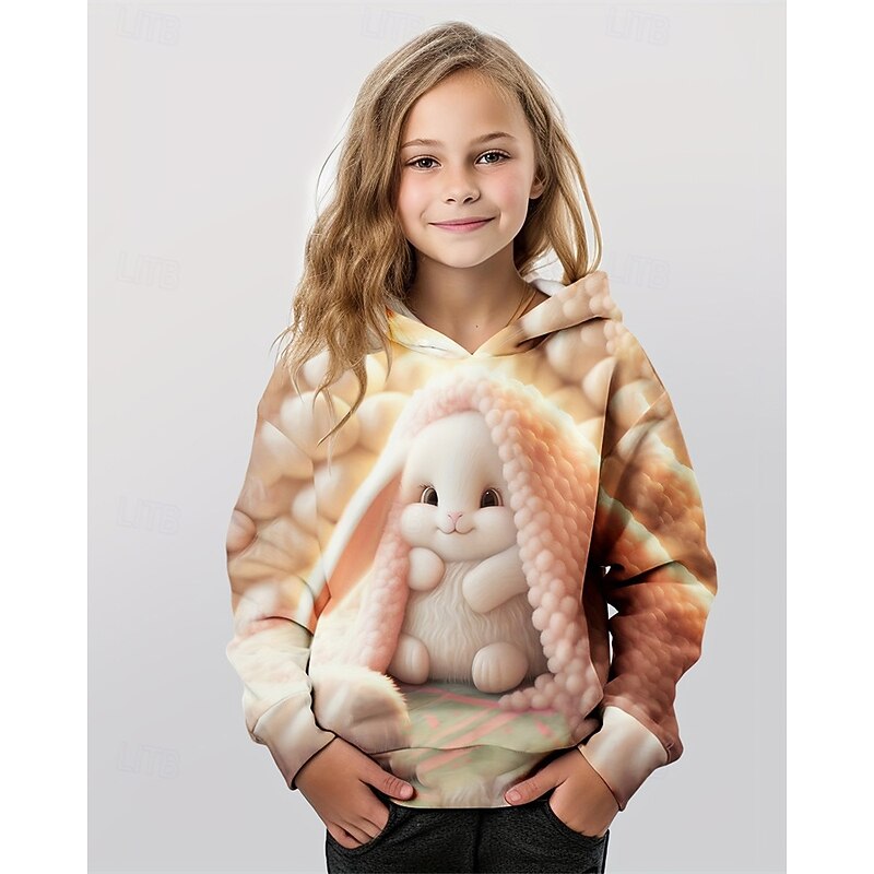 Easter Girls' 3D Graphic Rabbit Hoodie Long Sleeve Fall Winter Fashion Adorable Basic Kids 4-12 Years Hooded Outdoor Casual Daily Regular Fit
