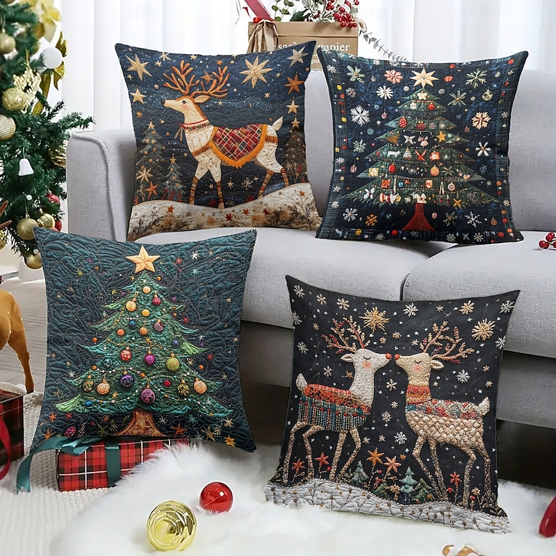 Christmas Decorations Decorative Toss Pillows Cover Quilting Art Reindeers Tree 1PC Soft Square Cushion Case Pillowcase for Bedroom Livingroom Sofa Couch Chair