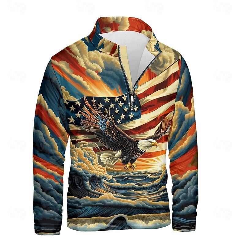 Men's Graphic American Flag Hoodies Daily Casual Long Sleeve Stand Collar Vacation Going out Streetwear Blue Print Fall Spring & Fall Designer2