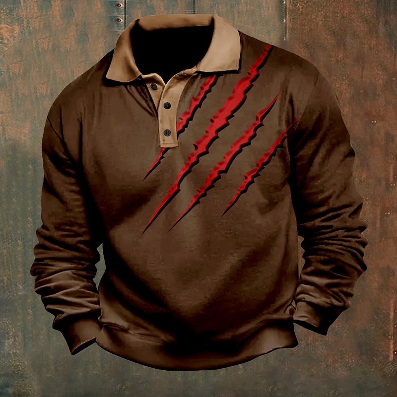 Men's Claw Marks Polo Shirts Pullover Long Sleeve Polo Shirts Collar Vintage Casual Outdoor Vacation Streetwear 3D Print Buttons Fall & Winter Dark Brown Black Dark Green2