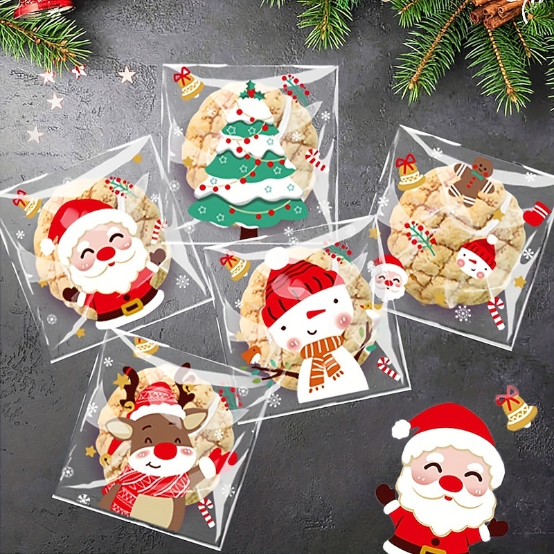 100pcs Christmas Treat Bags - Self-Sealing Disposable Opp Candy & Cookie Pouches With Festive Cartoon Designs For Holiday Gift OPP Self-adhesive Bag Christmas Candy Cookie Food Packaging Bag4