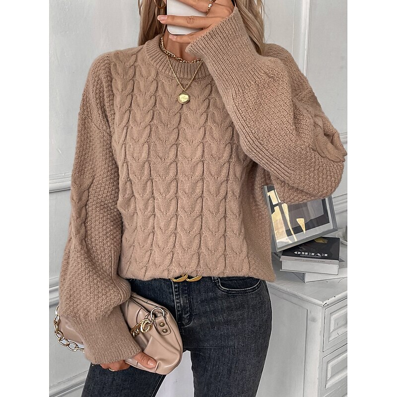 Women's Sweater Fashion Daily Casual Solid Color Cable Crew Neck Knitted Lantern Sleeve Long Sleeve Long Tops Knit Work White Light Brown Fall Winter4