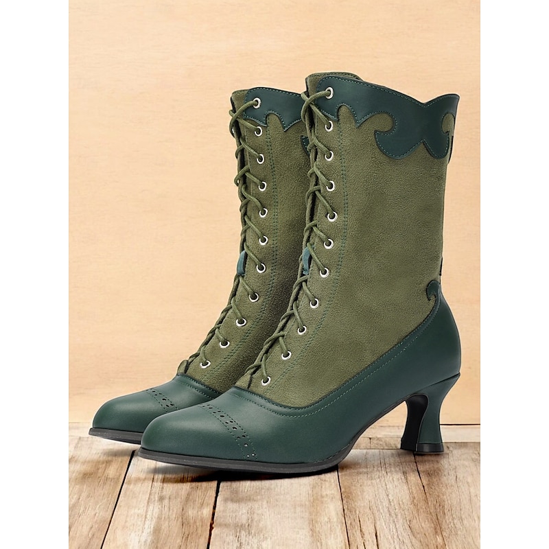 Women's Victorian Vintage Green Lace-Up Boots with Scalloped Trim and Brogue Detailing - Elegant High Heel Shoes for Cosplay, Steampunk, and Retro Outfits2