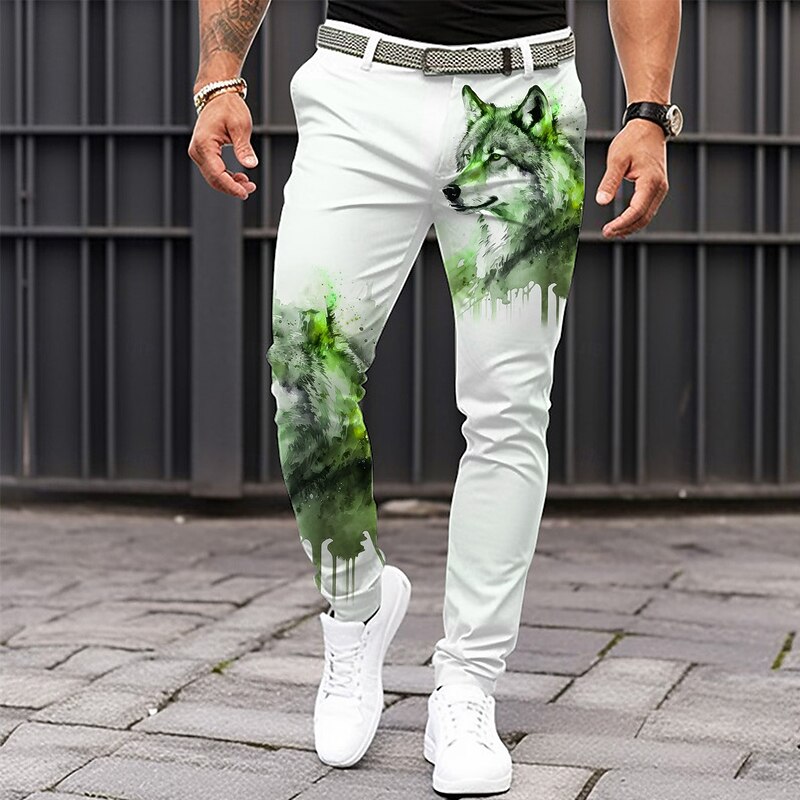 Men's Wolf Dress Pants Mid Waist Casual Formal Dailywear Zipper Pocket Summer Spring Fall 3D Print Black White Yellow2