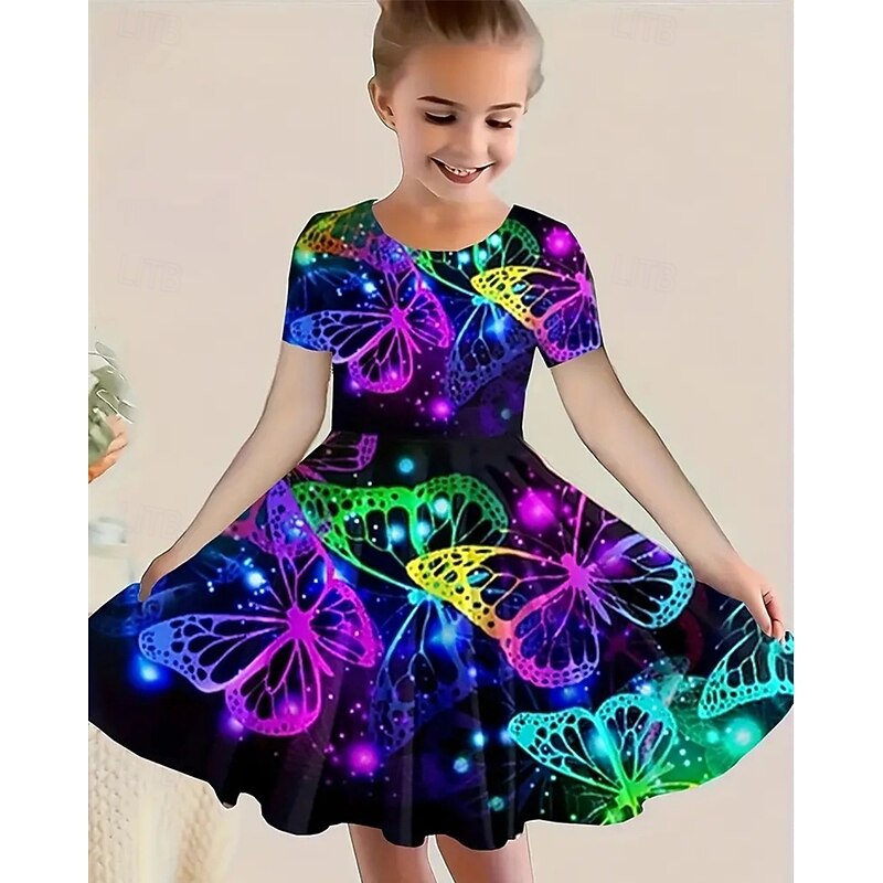 Girls' 3D Graphic Butterfly Dress Short Sleeve Summer Spring Vacation Daily Holiday Beautiful Sweet Kids 4-12 Years Casual Dress A Line Dress Knee-length Regular Fit