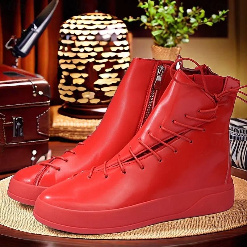 Men's Red Faux Leather High-Top Boots with Side Zipper and Lace-Up Design – Stylish Casual Footwear for Fall and Winter