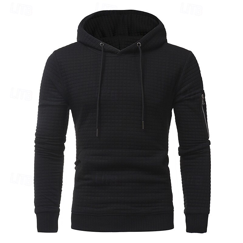 Men's Hoodie Black White Light Grey Dark Gray Hooded Plain Drawstring Ribbed Front Pocket Sports & Outdoor Daily Holiday Polyester Textured Streetwear Basic Casual Spring &  Fall Clothing Apparel4
