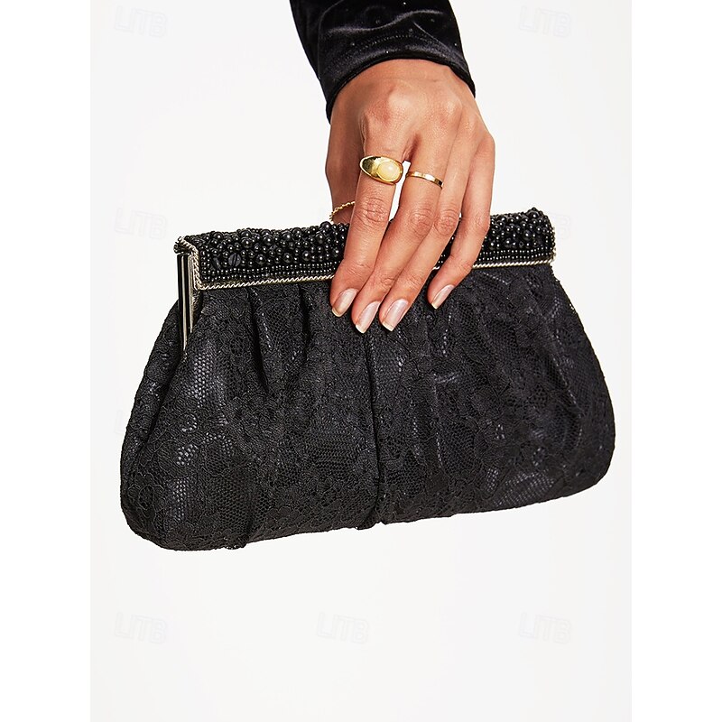 Women's Elegant Black Lace Evening Clutch Bag with Beaded Trim and Chain Strap – Perfect for Weddings, Parties, and Formal Events4