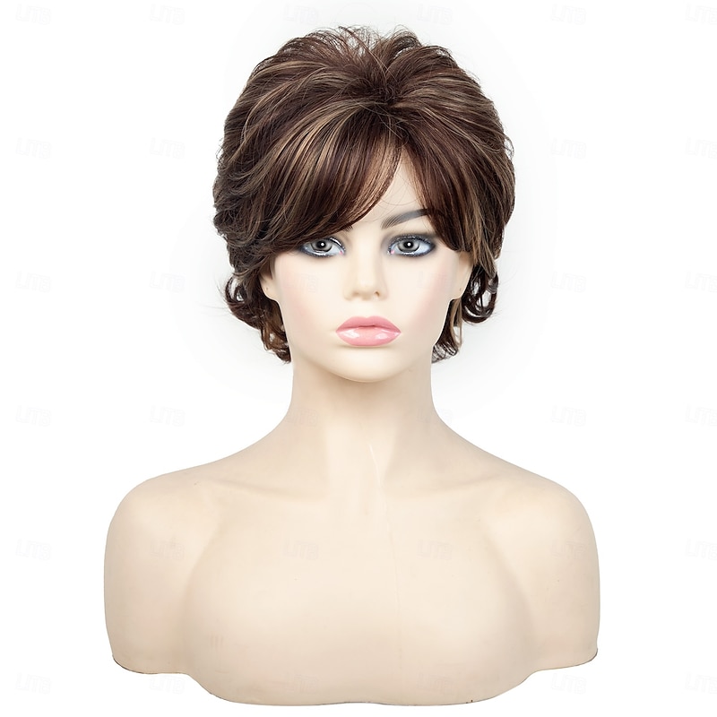 Brown Short Wigs for White Women, Brown Wig with Bangs Short Curly Pixie Cut Wigs Charming Synthetic Layered Wavy Wigs For Old Lady3