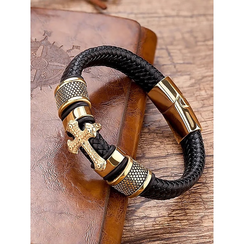 Men's Cross Bracelet with Gold and Silver Accents and Magnetic Clasp – Stylish Braided Wristband for Casual and Religious Wear4