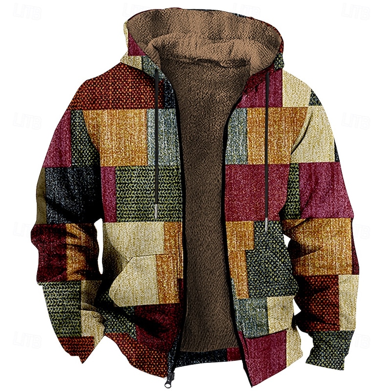 Men's Plaid Fleece Hoodie Hoodies Fashion Ethnic Long Sleeve Hooded Party Streetwear Red Drawstring Fall Winter Designer