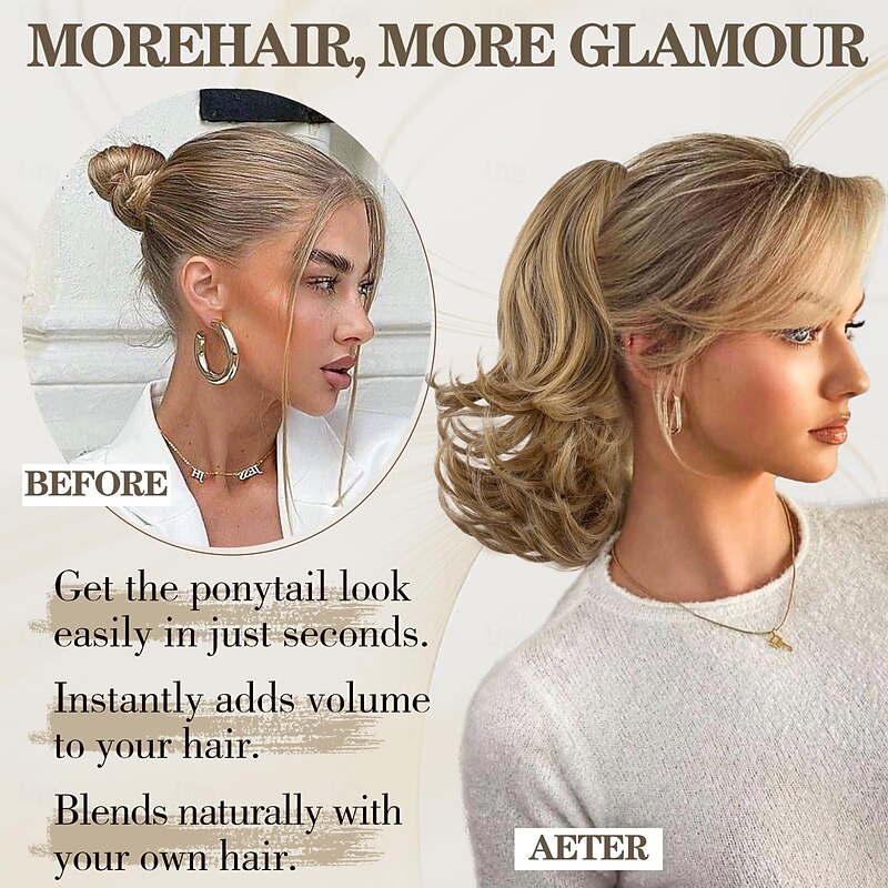 12 Inch Pony Tails Hair Extensions, Short Thick Ponytail Extension Clip in Claw Pony Tails Hair Extensions for Women Natural Curly Fake Ponytail Hair Piece for Daily Use