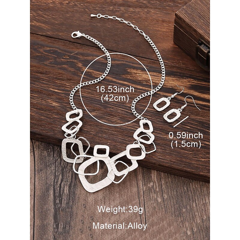 Women's Geometric Silver Statement Necklace and Earrings Set – Modern Hammered Metal Jewelry for Parties and Formal Events4