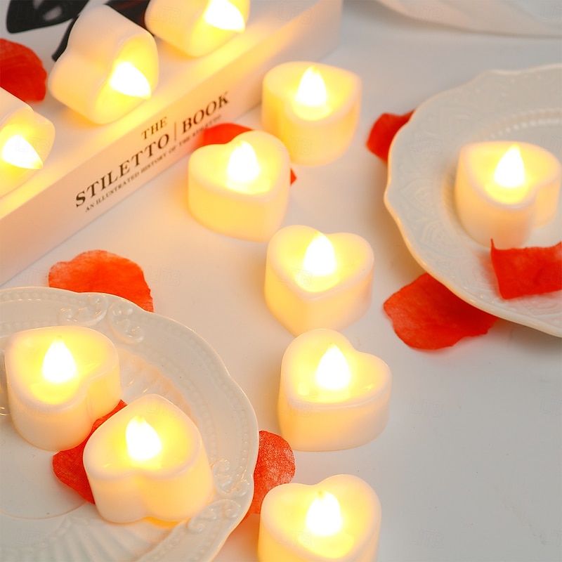LED Electronic Candle Light Heart Shaped Valentine's Day Proposal Party Romantic Decoration Props Christmas Halloween Holiday Party Home Decoration 12/24pcs