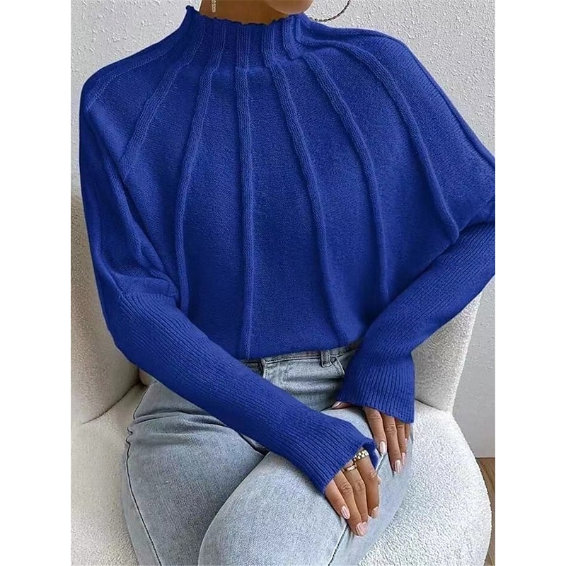 Women's Sweater Fashion Daily Solid Color Mock Neck Knitted Textured Batwing Sleeve Long Sleeve Regular Tops Knit Home Work Daily Black White Fall Winter4