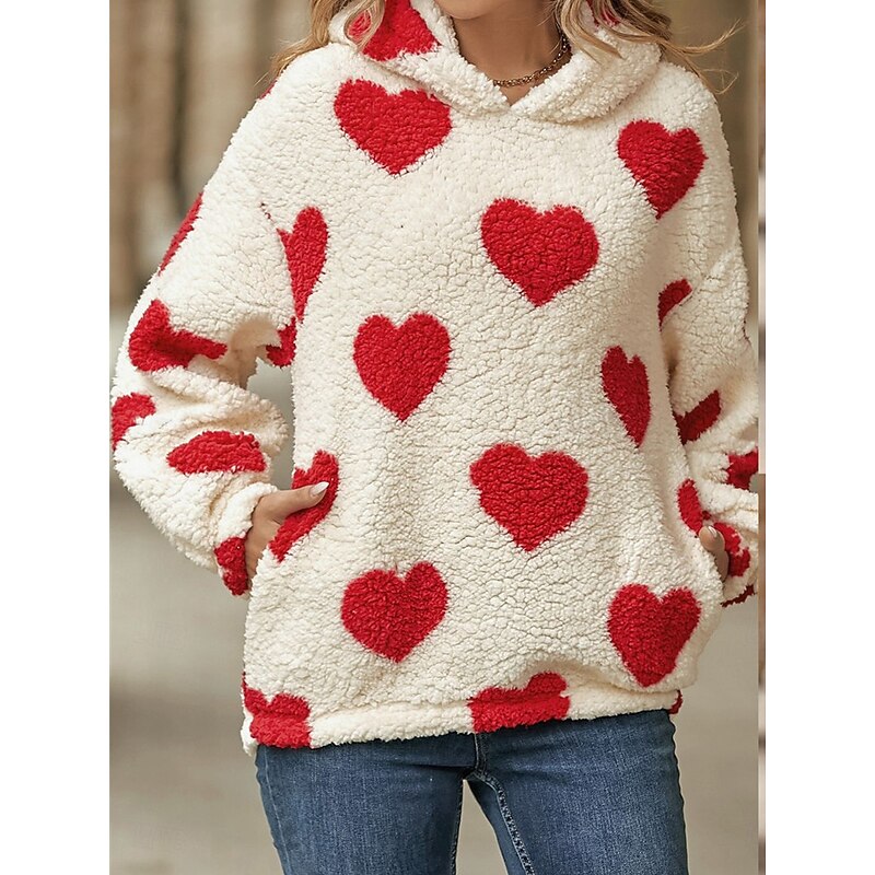 Women's Hoodie Sweatshirt Casual Heart Street Dailywear Hoodie Print Long Sleeve Black Red Khaki Fall Winter