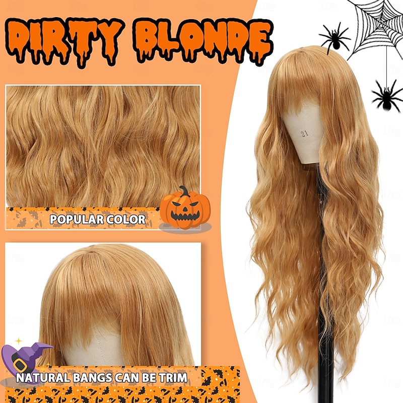 Wig With Bangs Long Curly Wave Wigs for Women Natural Looking Synthetic Heat Resistant Wig for Daily Party Use3
