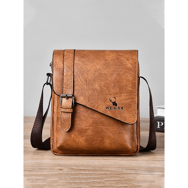 Men's Brown Faux Leather Crossbody Messenger Bag with Adjustable Strap – Vintage Style Shoulder Bag for Daily Use and Travel
