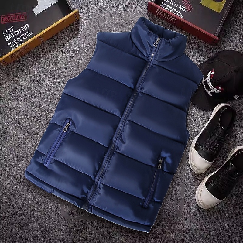 Men's Puffer Vest Vest Gilet Vacation Daily Date Fashion Casual Fall & Winter Pocket Polyester Thermal Warm Comfortable Plain Zipper Stand Collar Regular Fit Black White Red Blue Vest3