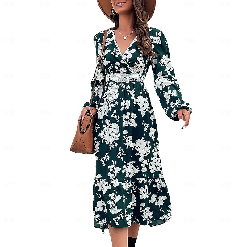Women's Floral Lace Print V Neck Long Dress Maxi Dress Long Sleeve Spring Fall3