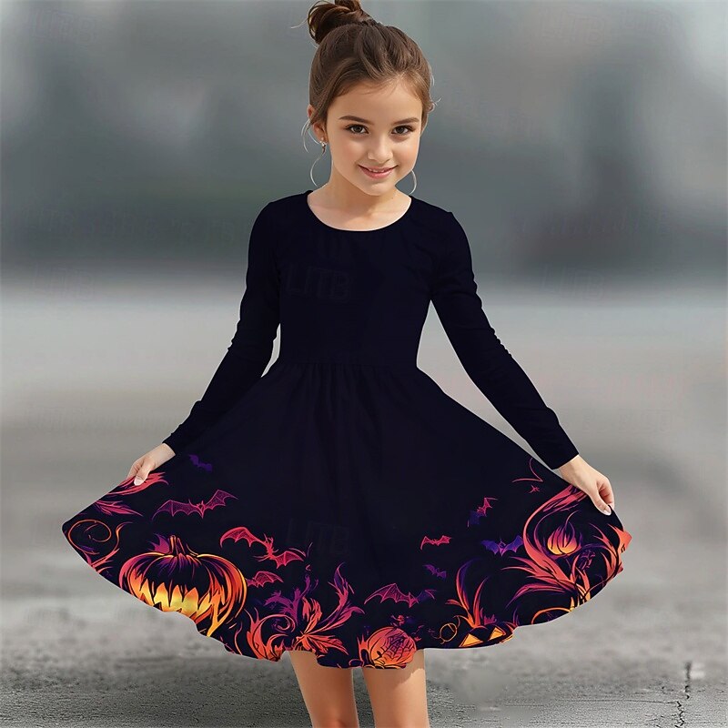 Halloween Girls' 3D Graphic Halloween pumpkin Dress Long Sleeve Summer Spring Daily Holiday Vacation Beautiful Halloween Custome Kids 4-12 Years Casual Dress A Line Dress Knee-length Polyester2