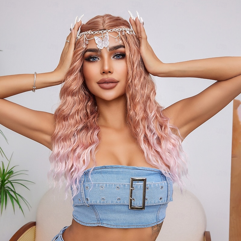 Synthetic Wig Uniforms Career Costumes Princess Curly Deep Curly Middle Part Layered Haircut With Bangs Machine Made Wig 26 inch Gold Pink Synthetic Hair Women's Cosplay Party Fashion Pink4