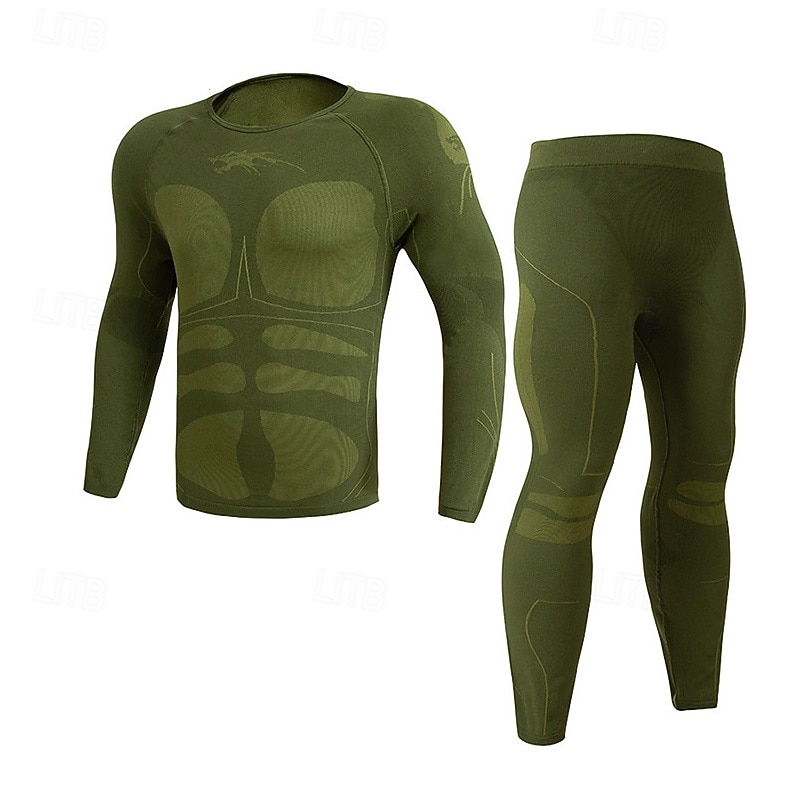 Men's Tracksuit 2 Piece Color Block Base Layer Compression Shirt and Pants Athletic Clothing Set Fall Black Army Green Gym Workout Jogging Running Thermal Warm Soft Long Sleeve Sport Activewear