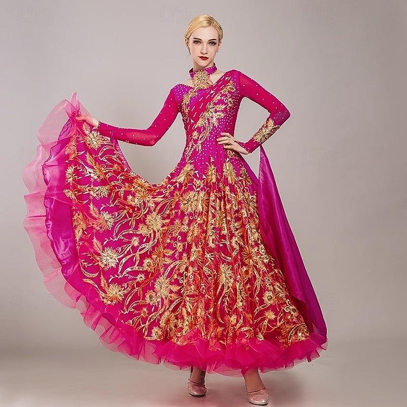 Ballroom Dance Dress Embroidery Splicing Crystals / Rhinestones Women's Performance Party Long Sleeve Tulle Ice Silk3