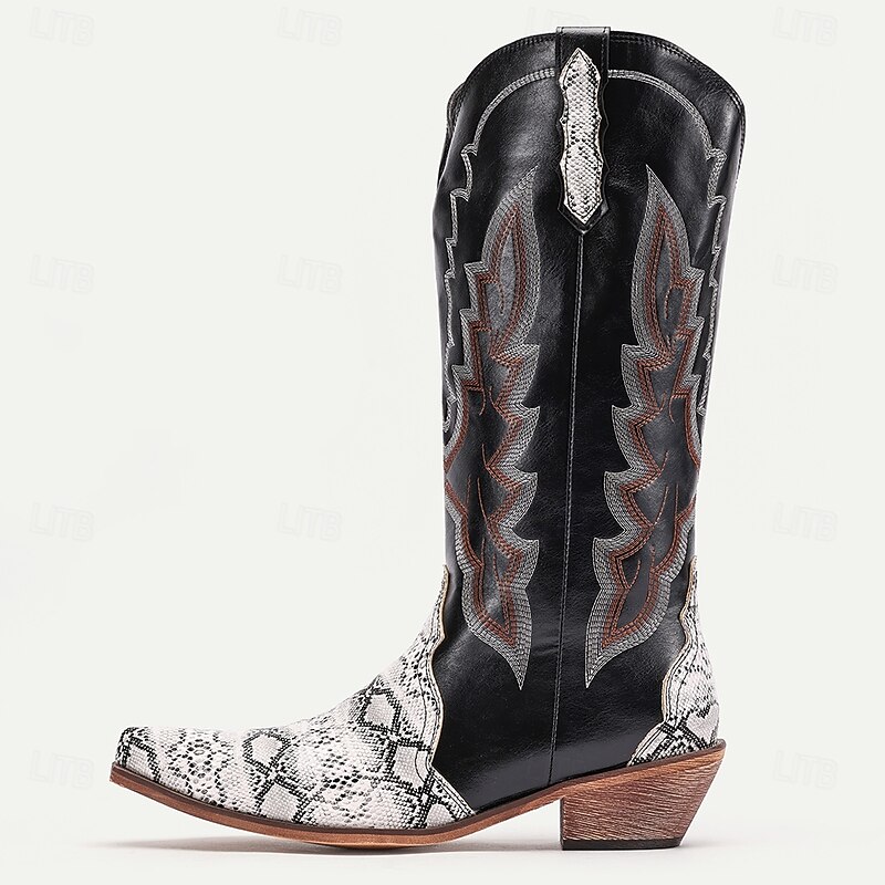Men's Western Cowboy Boots – Black Faux Leather with Snake Print Accents, Embroidered Details, and Stacked Heel, Perfect for Rodeo, Country Events, and Casual Wear4