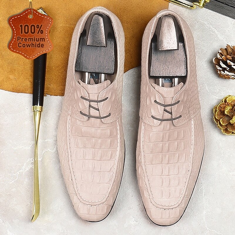 Men's Premium Cowhide Lace-Up Crocodile Pattern Loafers - Elegant Formal Shoes for Office and Special Occasions