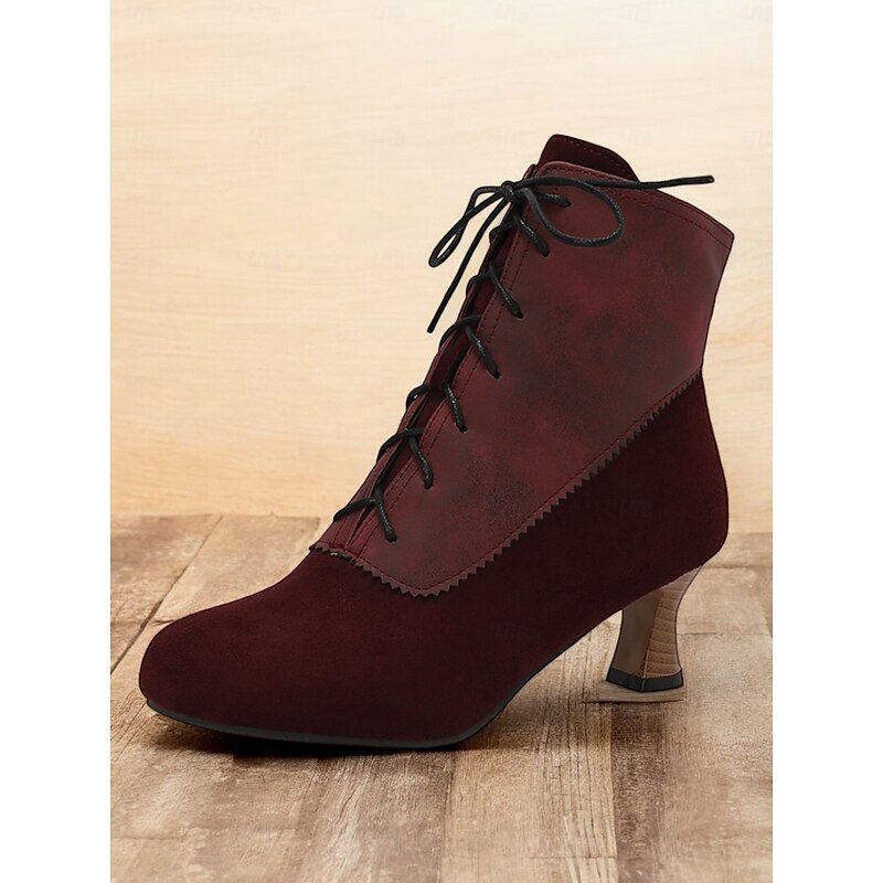 Women's Black Lace-Up Vintage Ankle Boots – Retro Mid-Heel Victorian-Style Leather Booties for Casual and Formal Wear