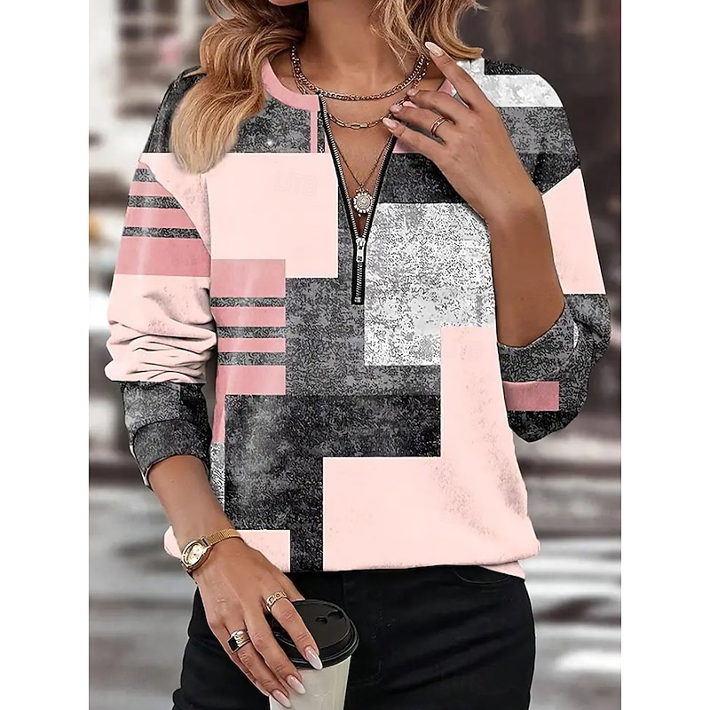 Women's Quarter Zipper Sweater Plaid Street Dailywear Print Casual Crew Neck Long Sleeve Micro-elastic Fall Winter Comfrt Breathable Soft Fabric