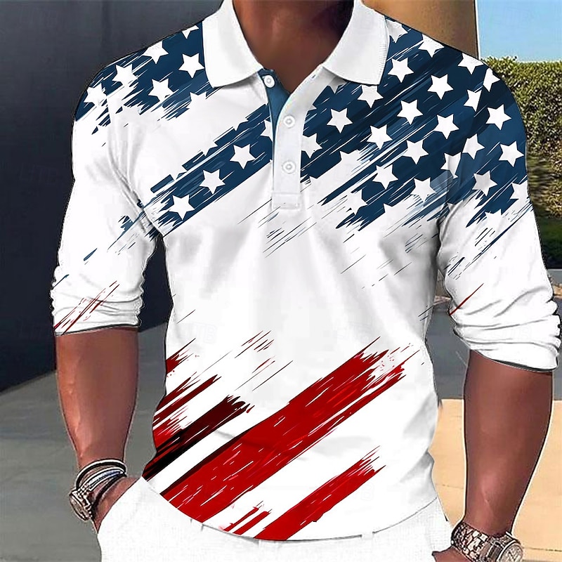 Men's American US Flag Veterans Waffle Polo Shirts Golf Polos Shirts Long Sleeve Polo Shirts Collar Casual Vacation Party Evening Wear Dailywear 3D Print Buttons Spring Fall Winter White