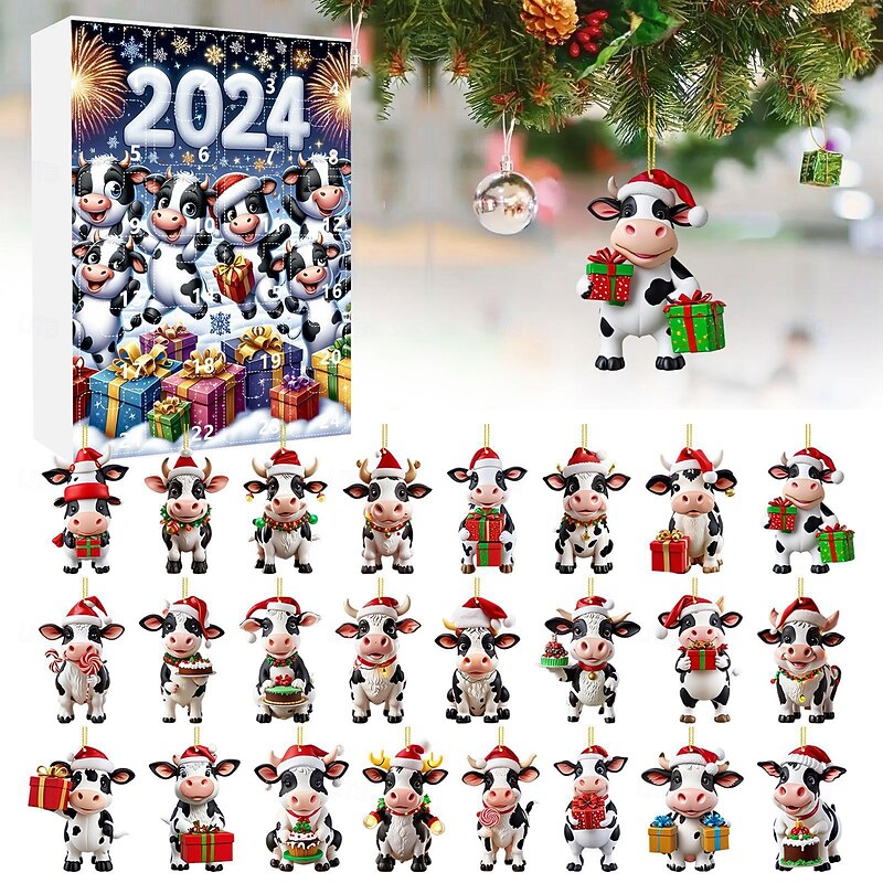 Christmas Advent Calendar Ornaments,2D Acrylic Cute Cow Baby 24pcs Christmas Ornament Kit Gift 24 Days Countdown Mini Hanging Tree Xmas Ornaments for Christmas Party Decorations3
