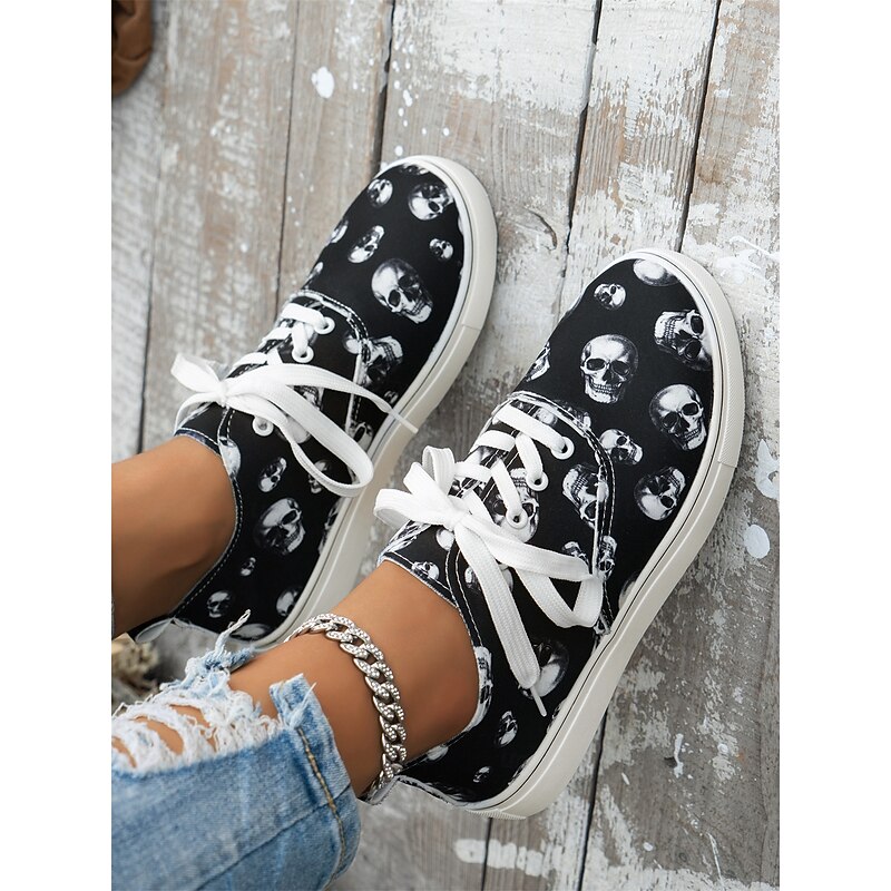 Women's Skull Print Lace-Up Sneakers – Gothic Casual Low-Top Shoes with White Soles, Perfect for Halloween and Everyday Street Style4