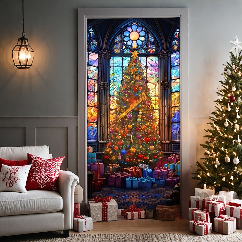 Christmas Door Decorations Door Covers Xmas Tree Stained Glass Door Tapestry Door Curtain Decoration Backdrop Door Banner for Front Door Farmhouse Holiday Party Decor Supplies Indoor/Outdoor4