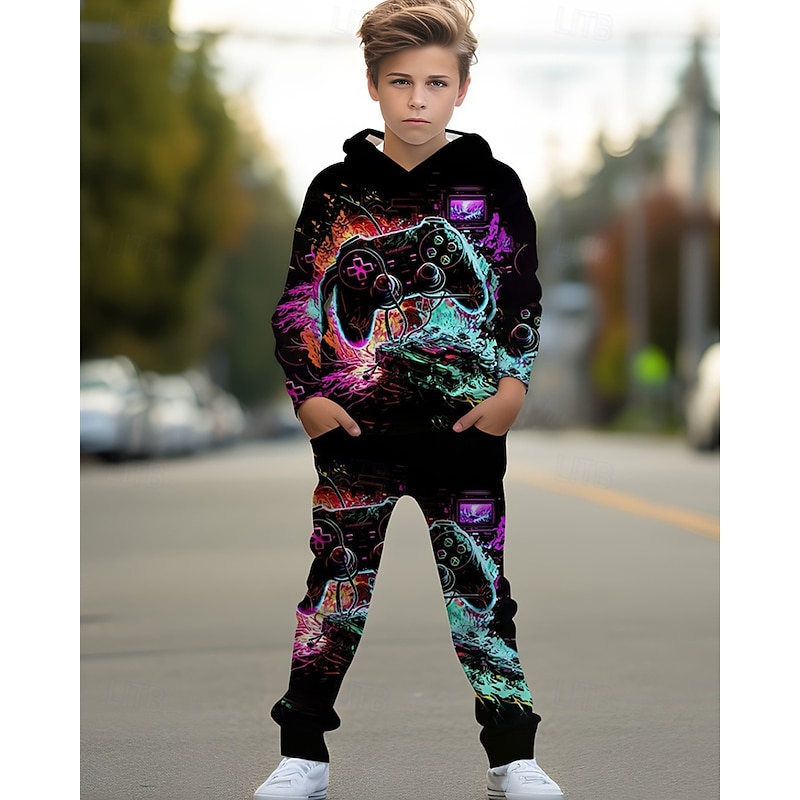 Boys 3D Graphic Game Hoodie & Sweatpants Set Sports Suit Tracksuits Long Sleeve Spring Fall Daily Basic Casual Kids 4-12 Years Hooded Outdoor Vacation Sports Tailored Fit