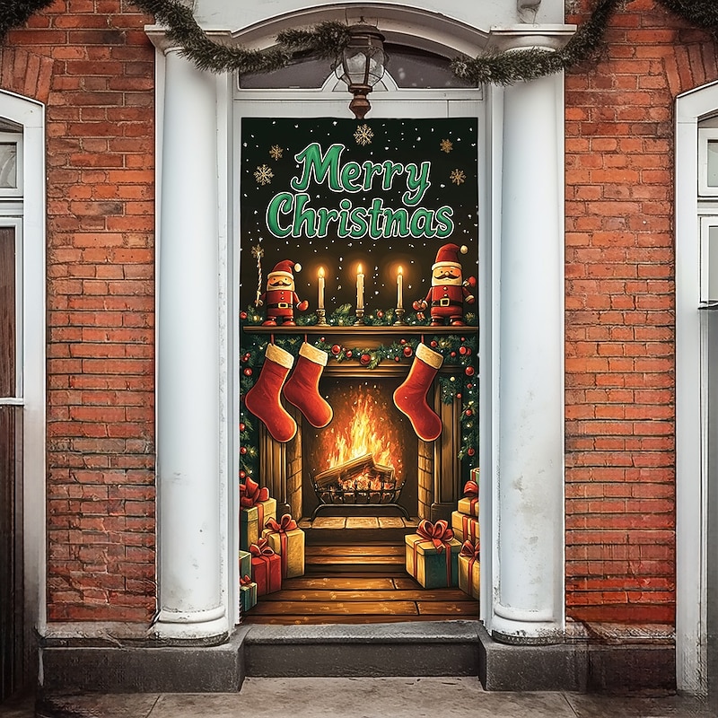 Christmas Door Decorations Door Covers Fireplace Xmas Door Tapestry Door Curtain Decoration Backdrop Indoor/Outdoor Door Banner for Front Door Farmhouse 7