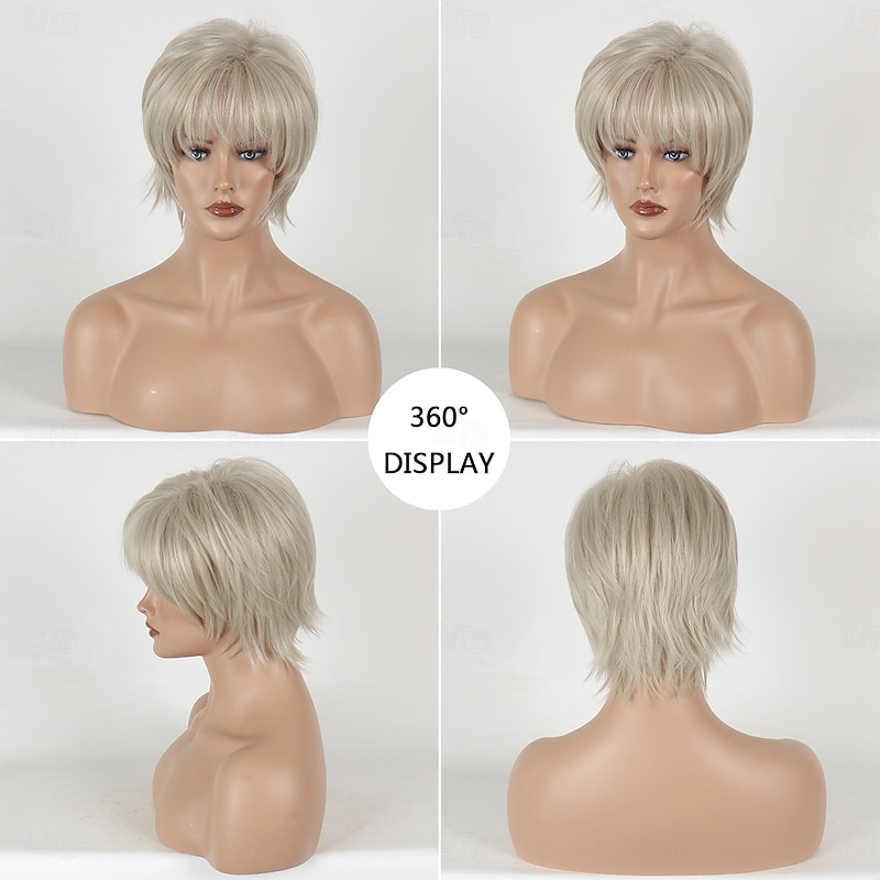 Light Golden Layered Bob Wig with Curtain Bangs for Women Synthetic Highlight Bob Wig Short Pixie Cut Layered Wavy Wig for Women2