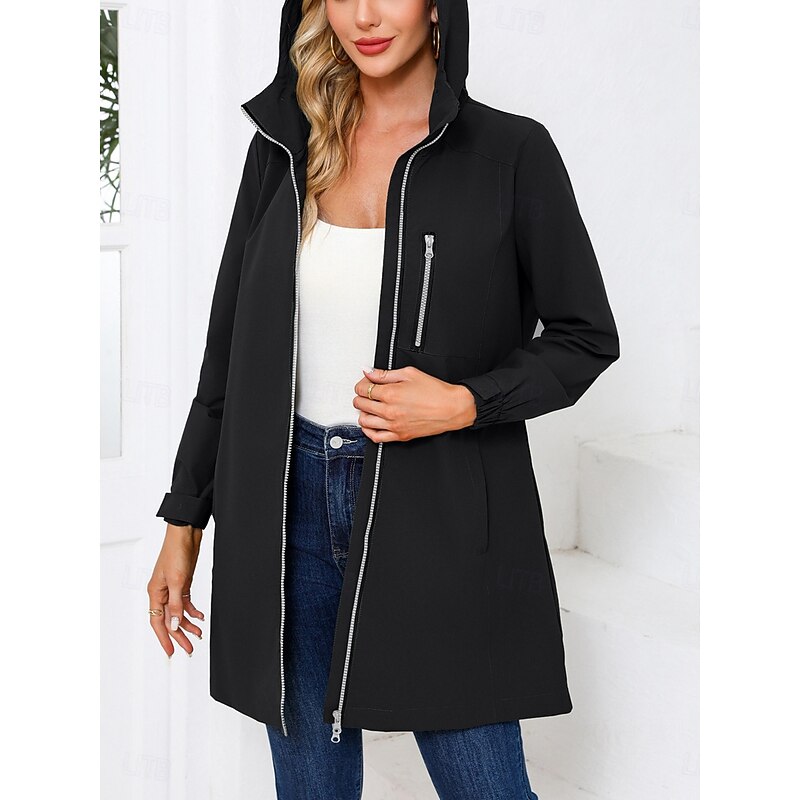 Women's Jacket Casual Jacket Work Pocket Solid Color Windproof Fashion Loose Fit Outerwear Long Sleeve Fall Black S